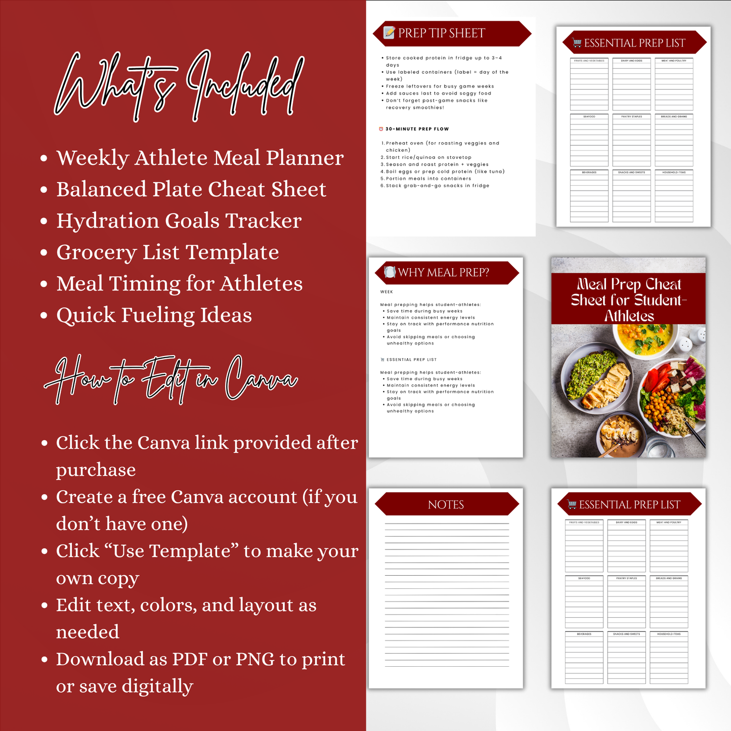 Meal Prep Cheat Sheets for Athletes – Weekly Planner + Portion Guide + Snack Ideas (PDF Download)