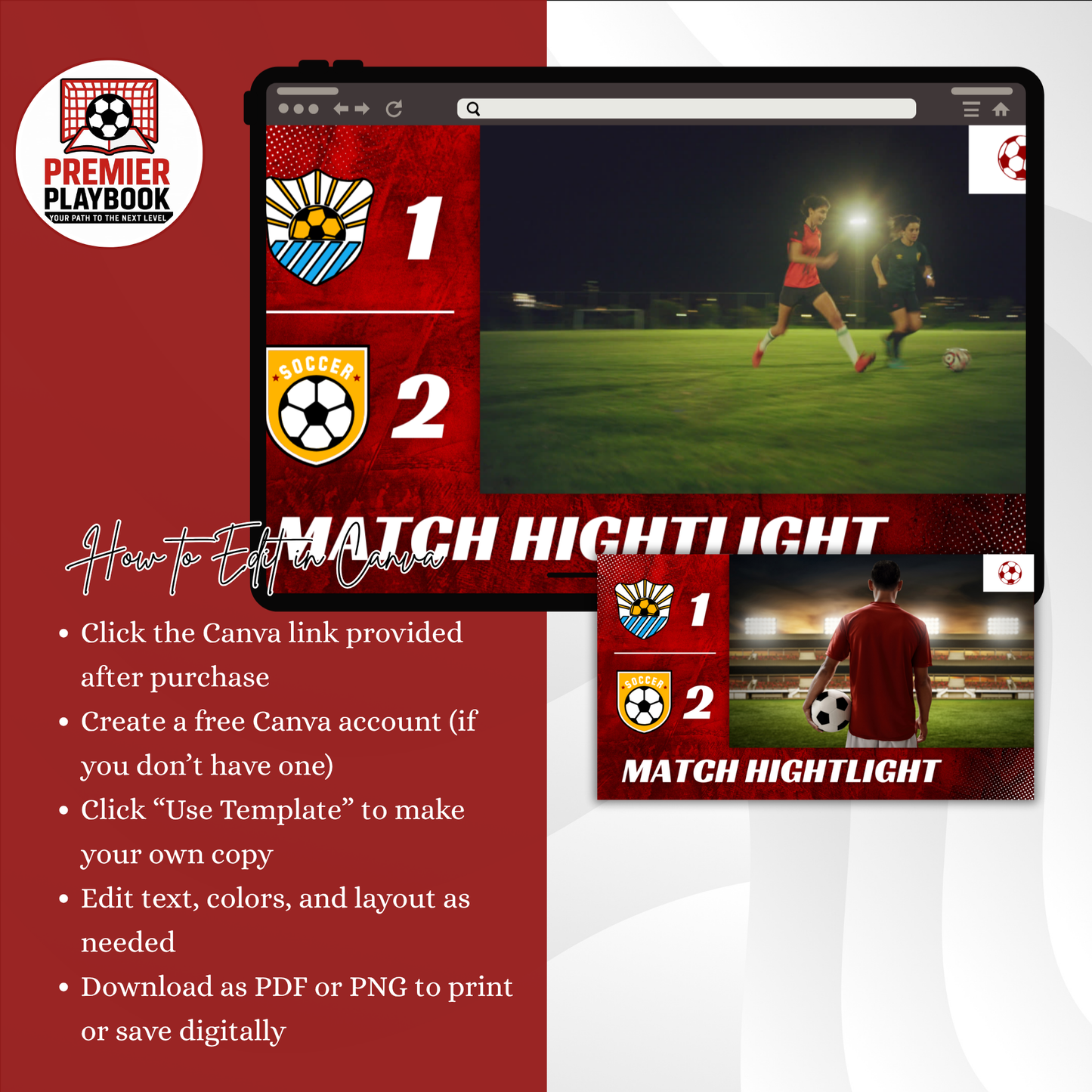Editable YouTube Soccer Highlight Thumbnail – Canva Template for Athlete Recruiting Videos