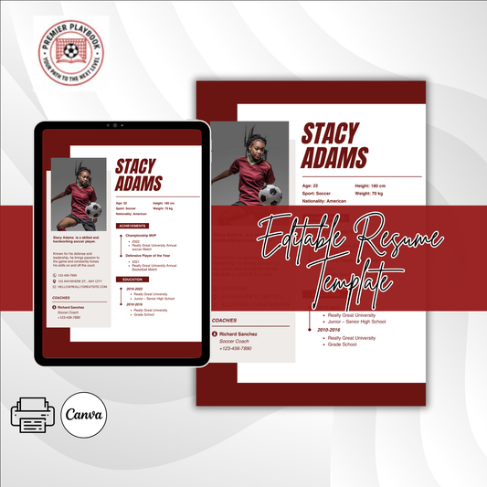 Editable Athlete Resume Template – College Recruiting Canva Template for Student Athletes