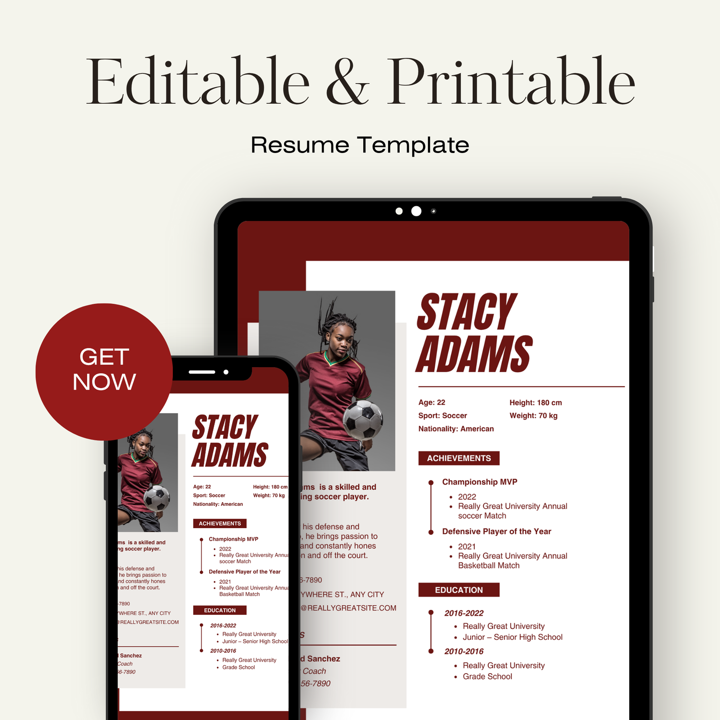 Editable Athlete Resume Template – College Recruiting Canva Template for Student Athletes