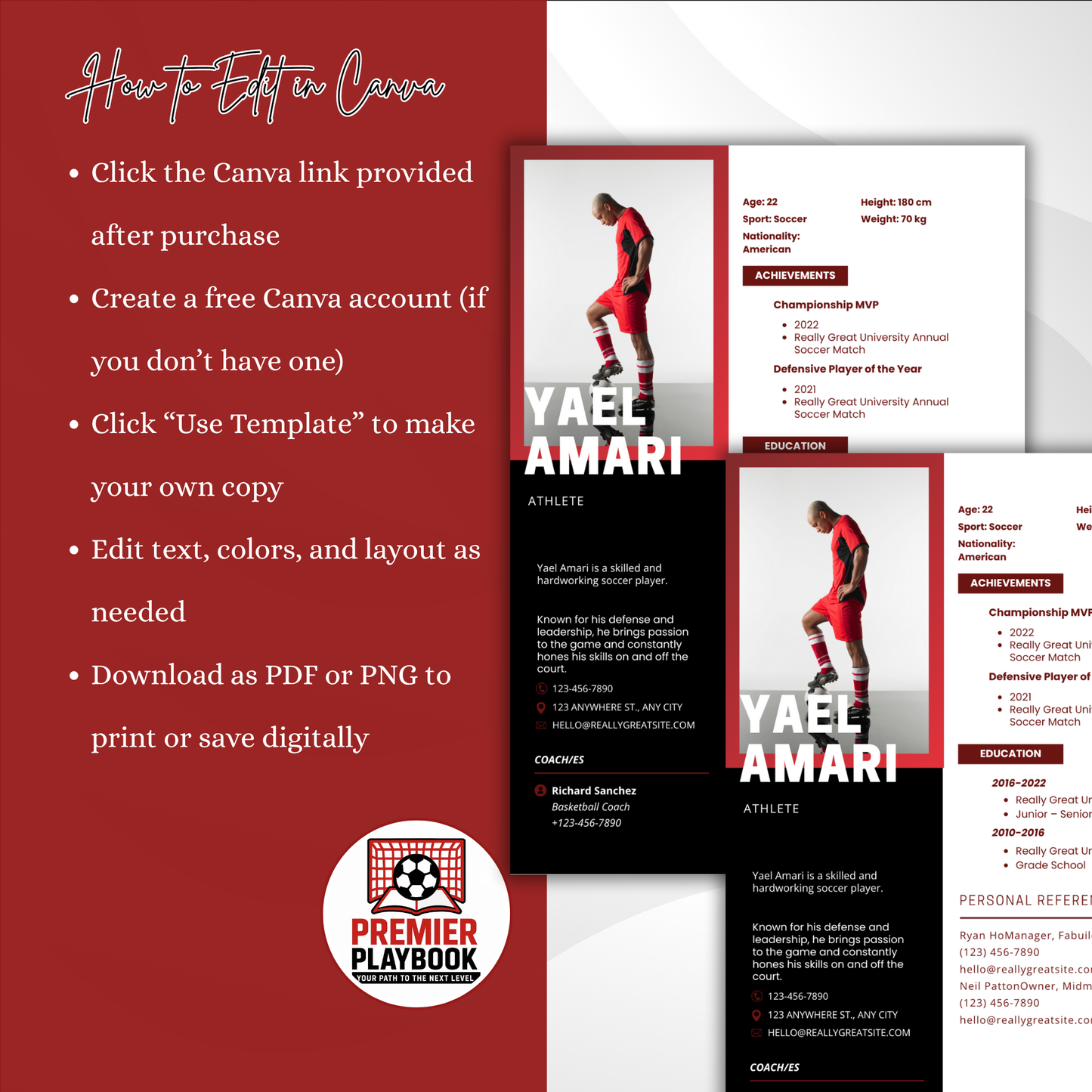 Editable Athlete Resume Template – College Recruiting Canva Template for Student Athletes