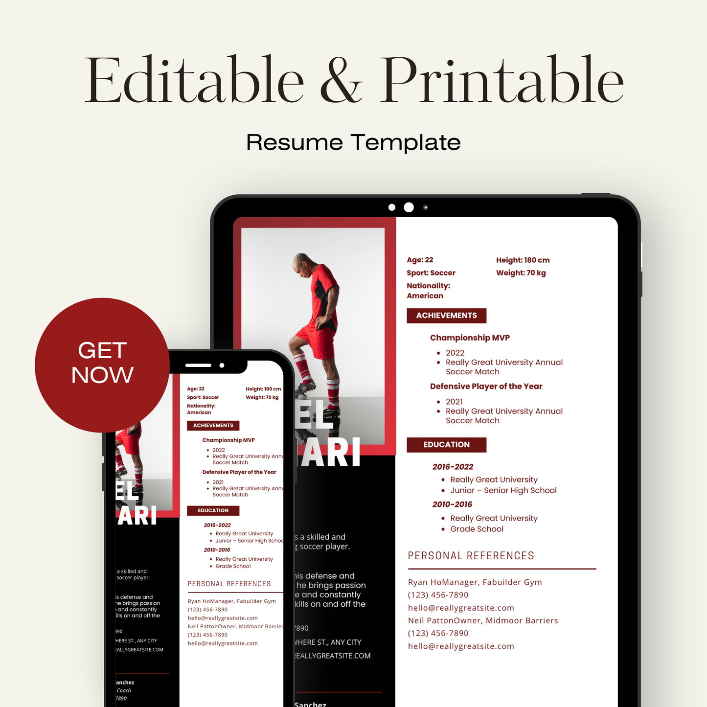 Editable Athlete Resume Template – College Recruiting Canva Template for Student Athletes
