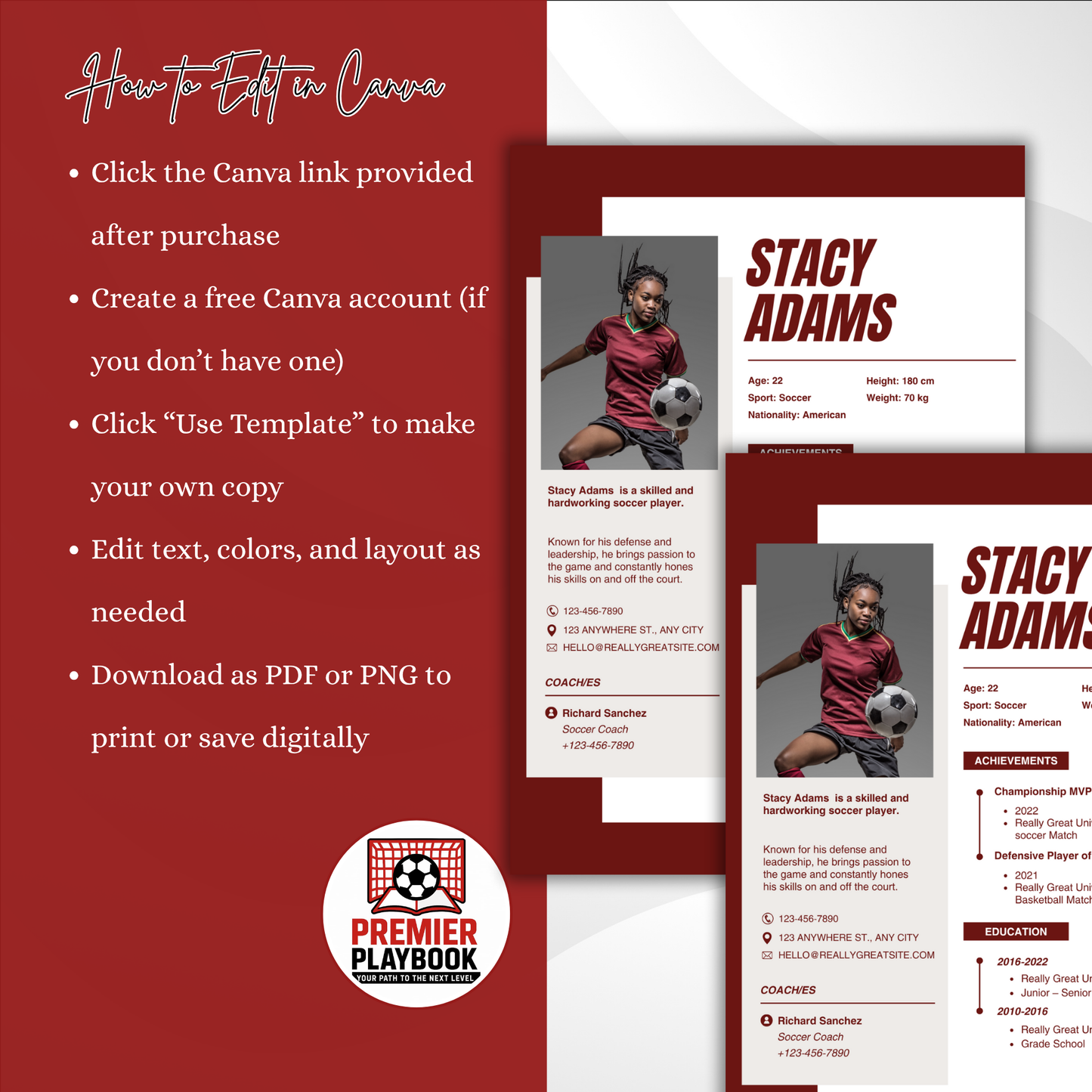 Editable Athlete Resume Template – College Recruiting Canva Template for Student Athletes